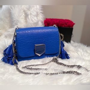 Jimmy Choo Blue Leather Tassels Lockett Petite City Shoulder Bag
